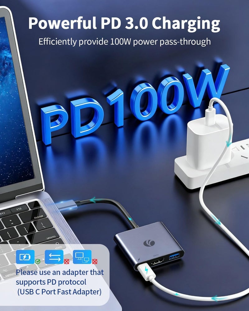 Vcom USB-C to HDMI Adapter, 3-in-1 4K@60Hz HDMI Adapter with 100W PD Charging & 5Gbps USB 3.0 Port, USB Hub Multiport for MacBook, iPad, iPhone 16 Pro Samsung S24/23, Chromebook (Grey（3-in-1) - Image 3